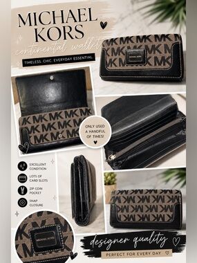 Michael Kors MK Logo Continental Wallet Black Beige Snap Closure